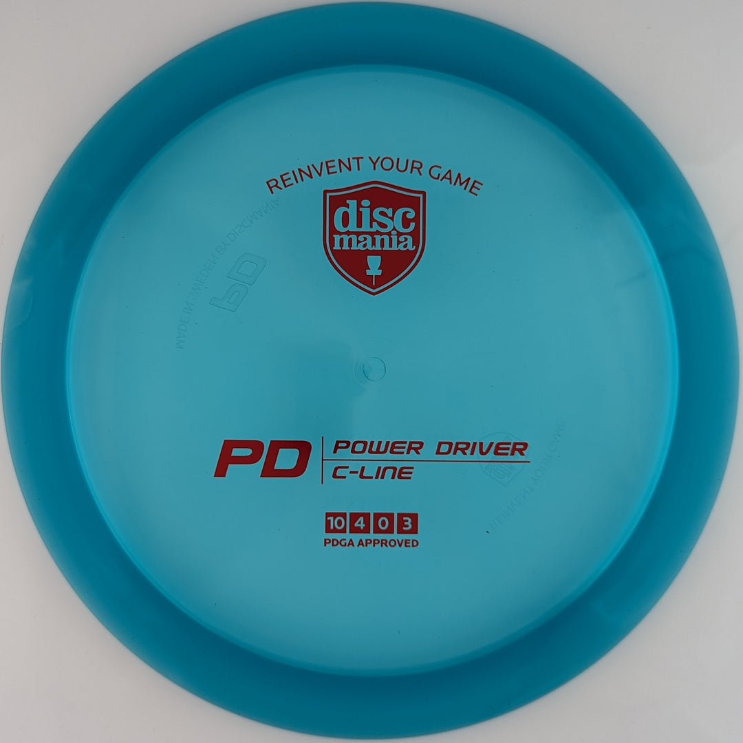 Transparent blue Discmania PD Power Driver disc, made from C-Line plastic blend, with red foil stamp