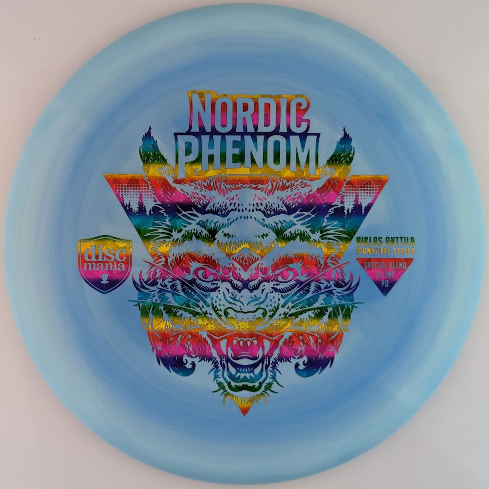 Light blue Discmania PD Power Driver disc, made with Special Blend S-Line plastic blend, with rainbow-colored Niklas Anttila Nordic Phenom stamp