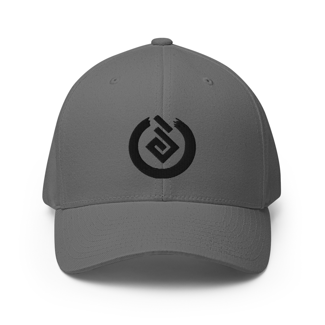 Front profile of gray flexfit cap with black Yokai Disc's Tengubi ("Tengu's fireball") logo