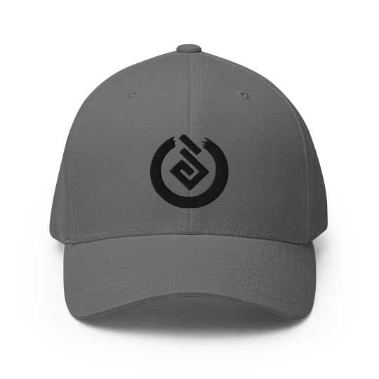 Front profile of gray flexfit cap with black Yokai Disc's Tengubi ("Tengu's fireball") logo