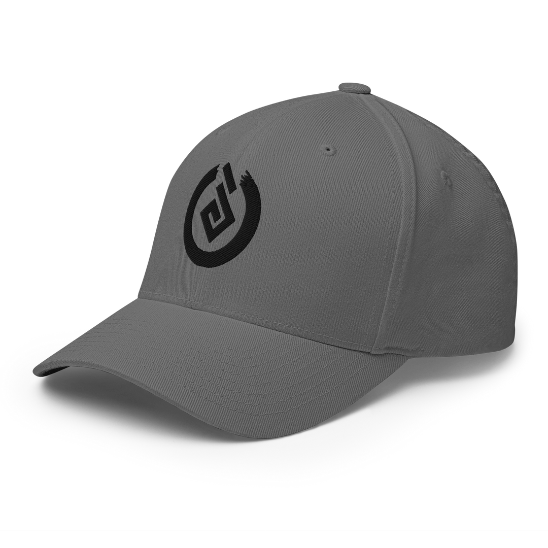 Front angle of gray flexfit cap with black Yokai Disc's Tengubi ("Tengu's fireball") logo