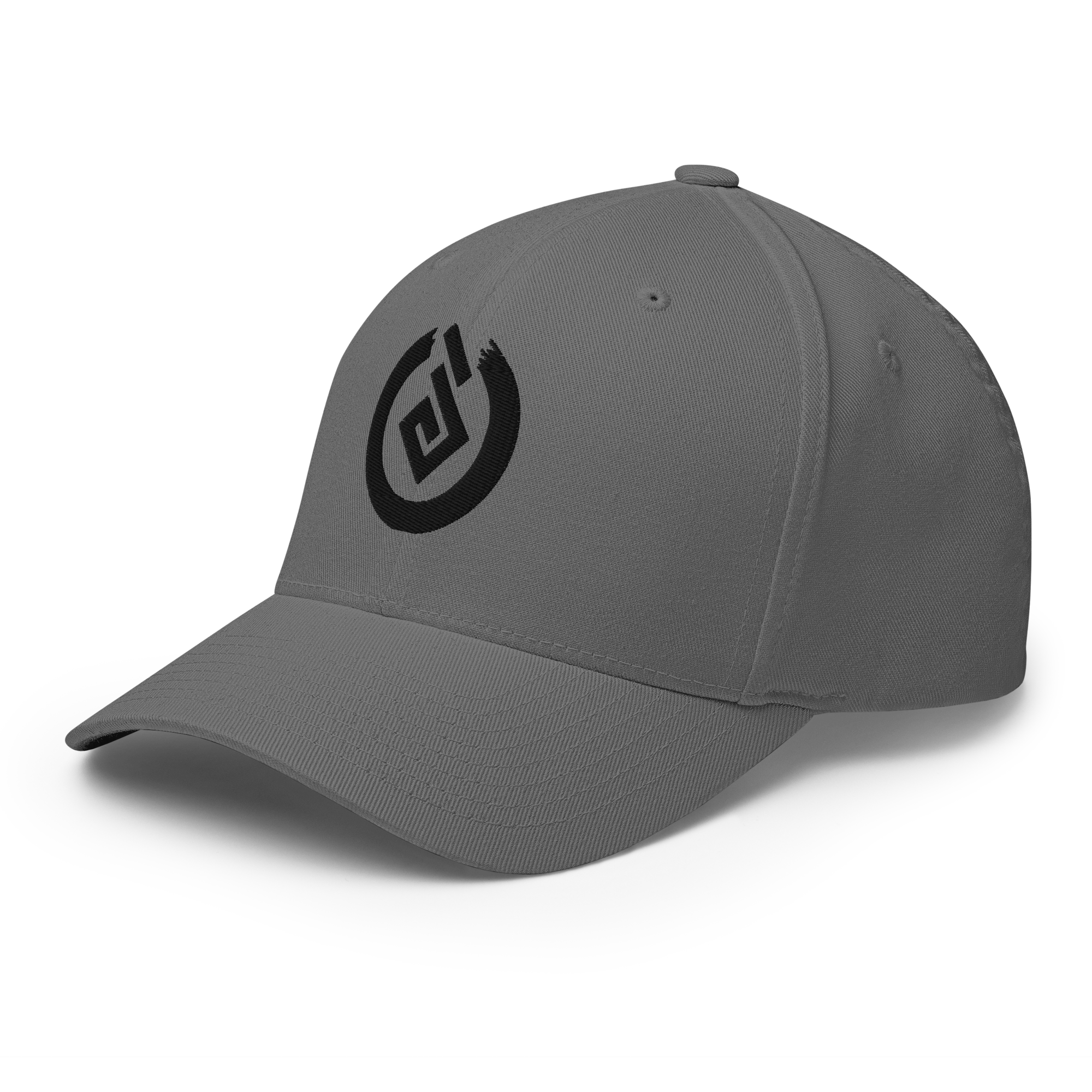 Front angle of gray flexfit cap with black Yokai Disc's Tengubi ("Tengu's fireball") logo