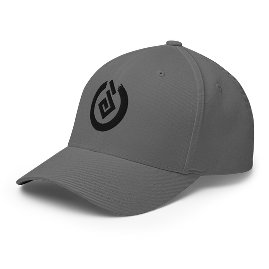 Front angle of gray flexfit cap with black Yokai Disc's Tengubi ("Tengu's fireball") logo