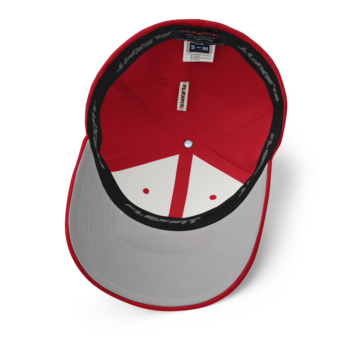 Underside view of red flexfit cap with black Yokai Disc's Tengubi ("Tengu's fireball") logo