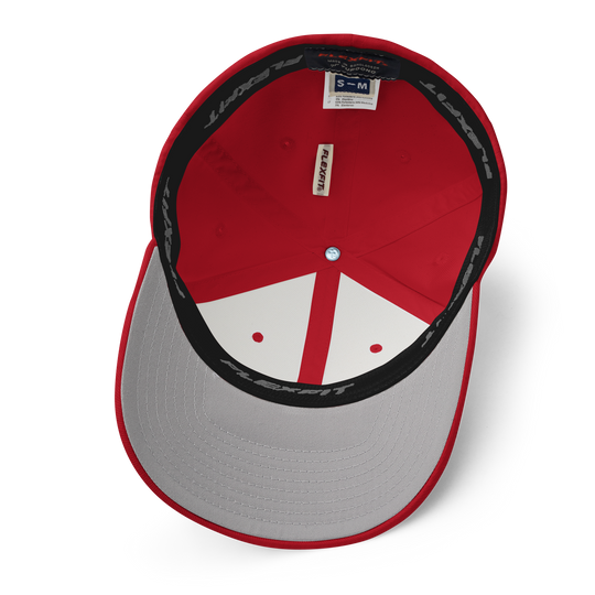 Underside view of red flexfit cap with black Yokai Disc's Tengubi ("Tengu's fireball") logo