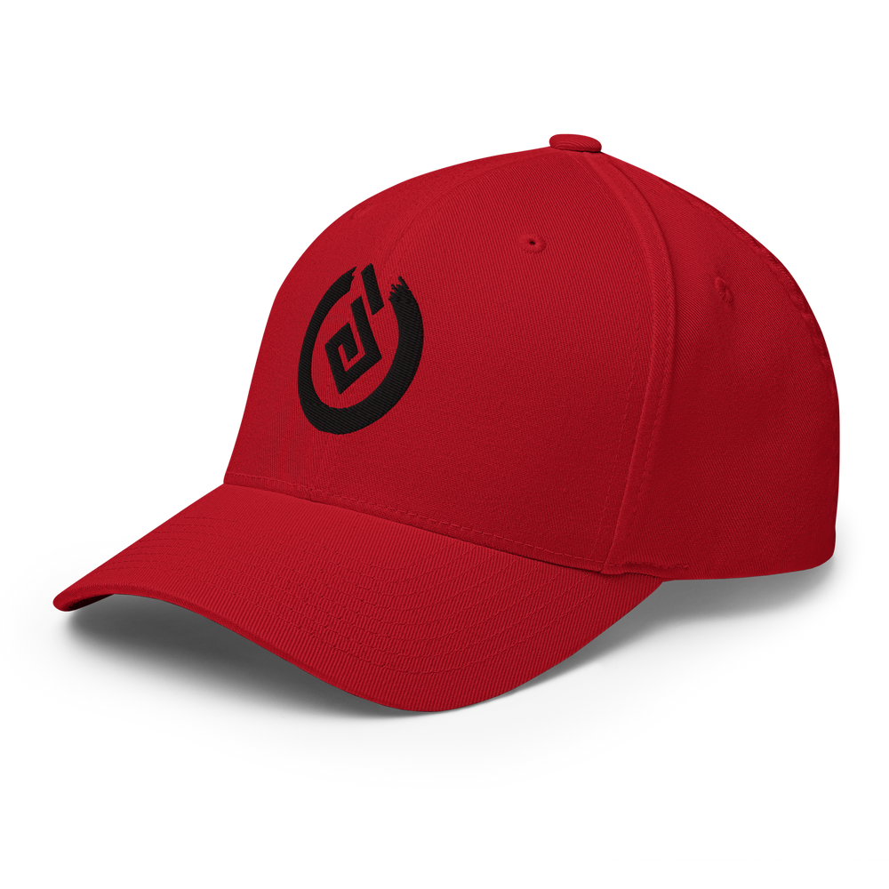 Front angle of red flexfit cap with black Yokai Disc's Tengubi ("Tengu's fireball") logo